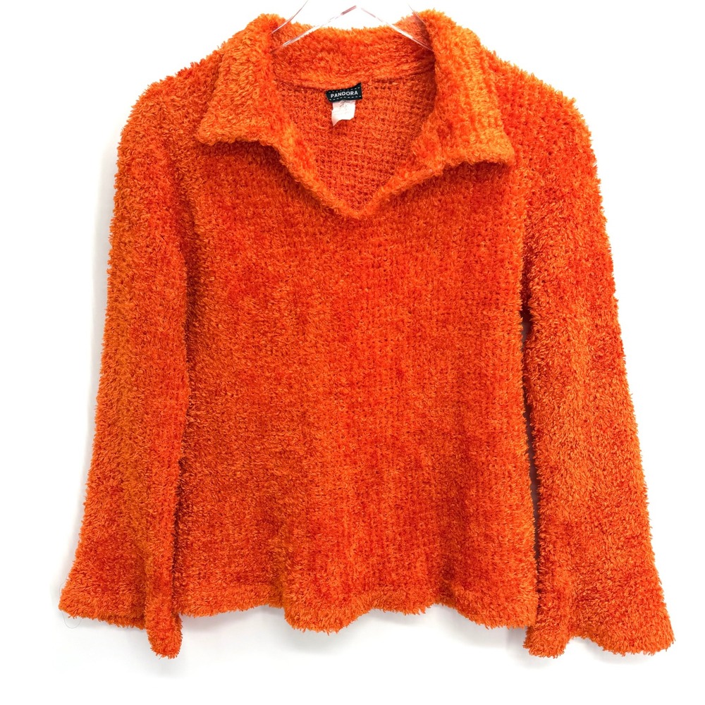 VTG Y2K Pandora Orange Eyelash Knit Fuzzy Sweater XL Flare Sleeve V-Neck USA